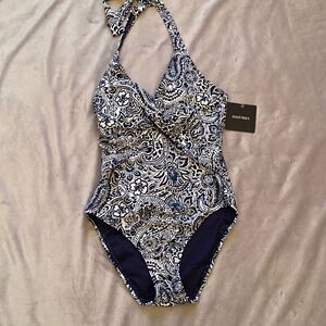 Ellen Tracy Womens Navy Blue Plunge Halter Neck Tie One-Piece Swimsuit Size 6